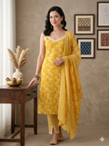 Anouk - Aari-Work Mustard Yellow Pure Cotton Straight Kurta, Trousers & Dupatta Set