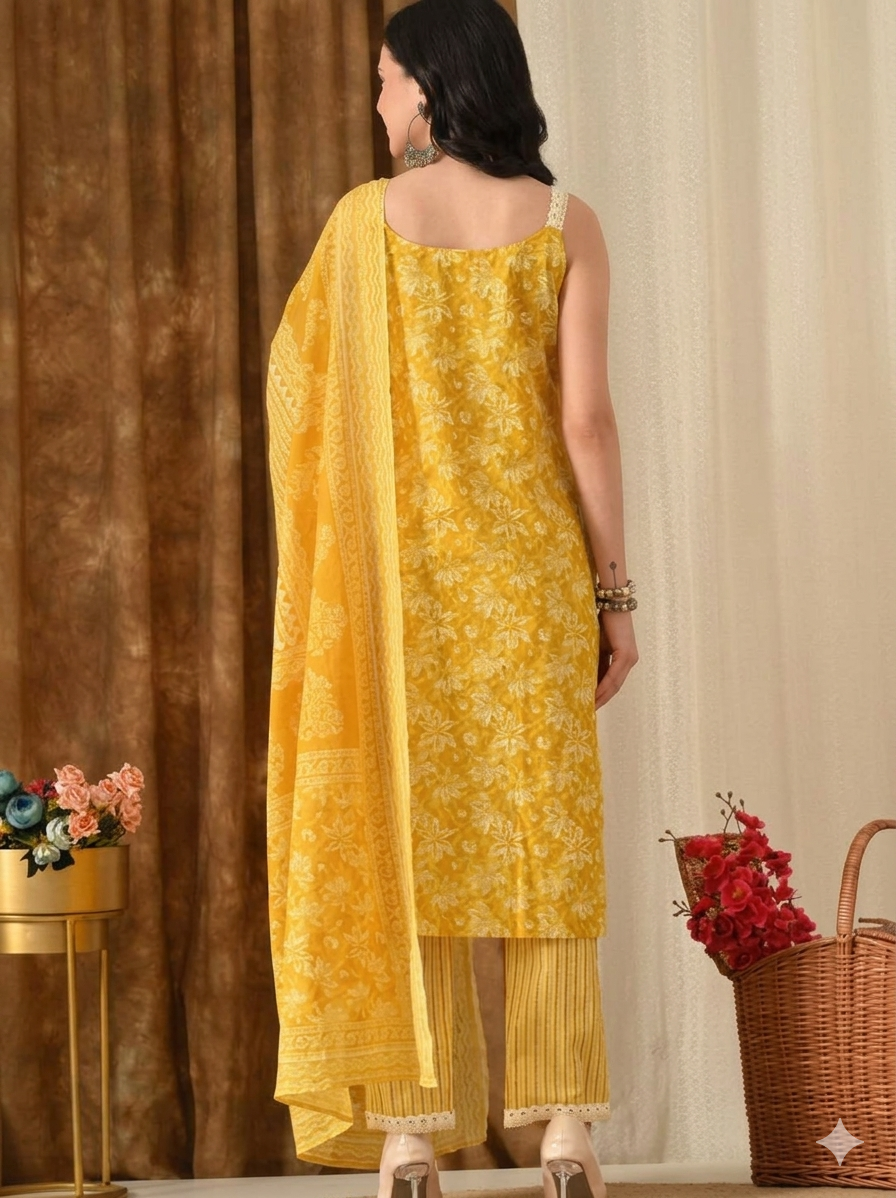 Anouk - Aari-Work Mustard Yellow Pure Cotton Straight Kurta, Trousers & Dupatta Set