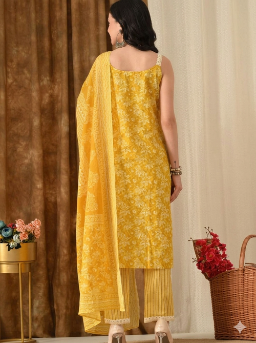 Anouk - Aari-Work Mustard Yellow Pure Cotton Straight Kurta, Trousers & Dupatta Set