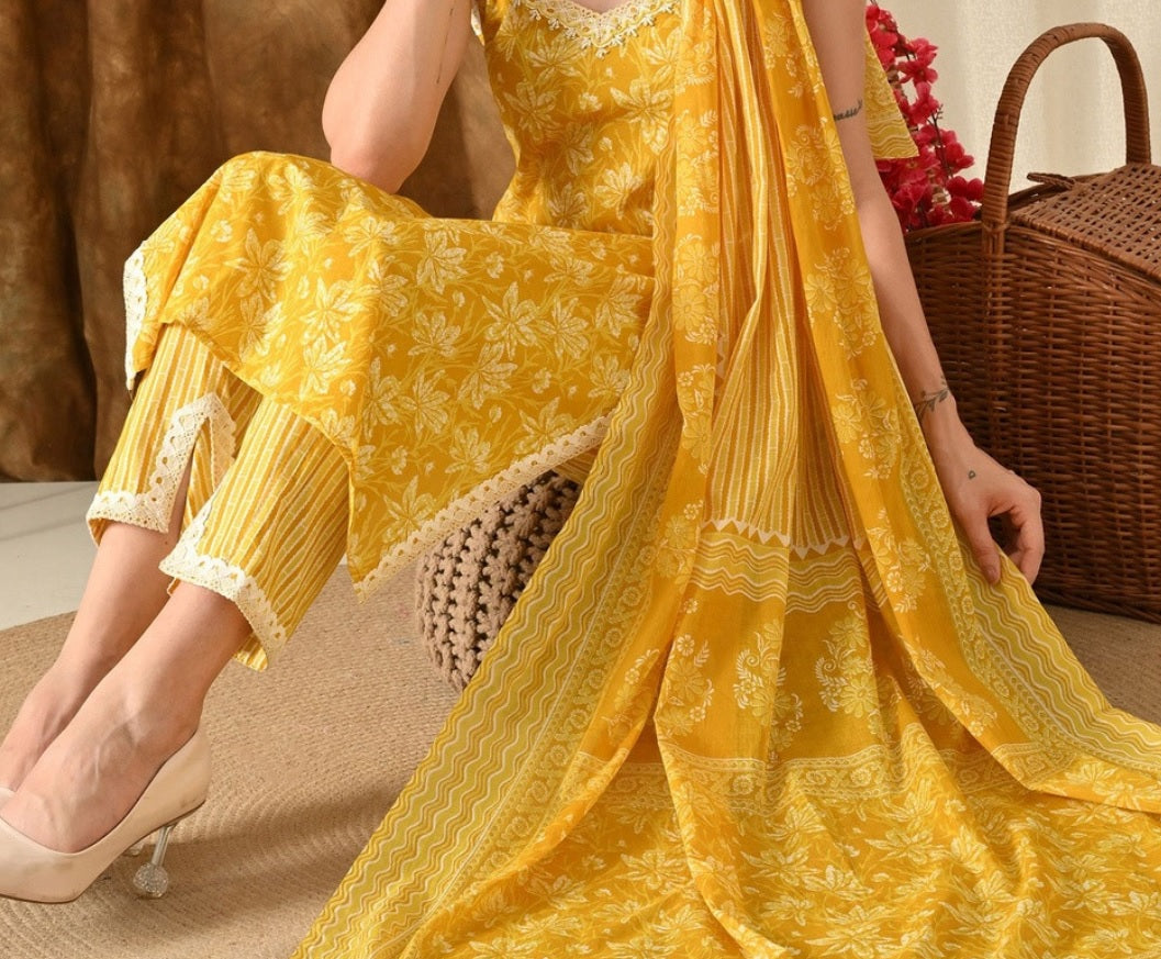 Anouk - Aari-Work Mustard Yellow Pure Cotton Straight Kurta, Trousers & Dupatta Set