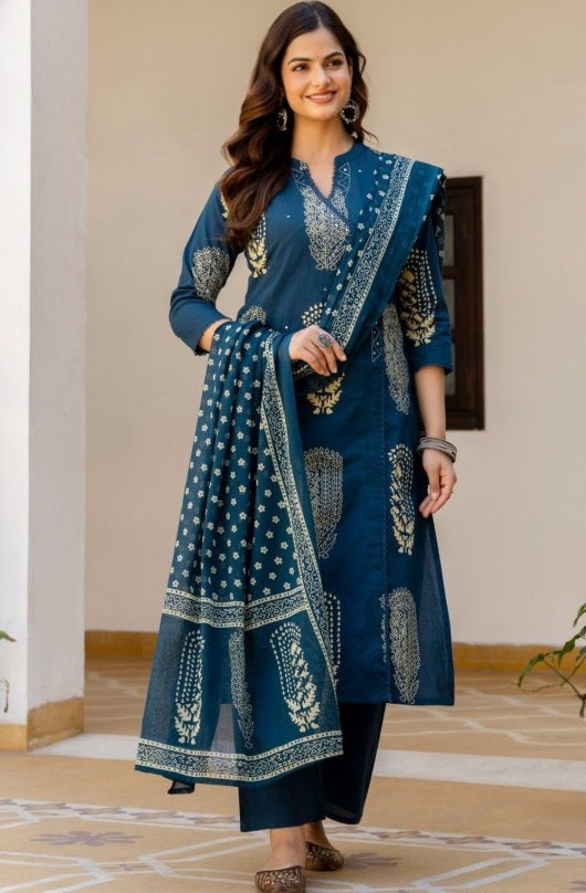 Anouk Blue Floral Printed Cotton Kurta Set with Mirror Work & Dupatta