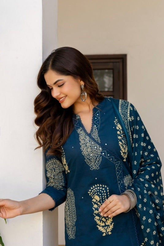Anouk Blue Floral Printed Cotton Kurta Set with Mirror Work & Dupatta