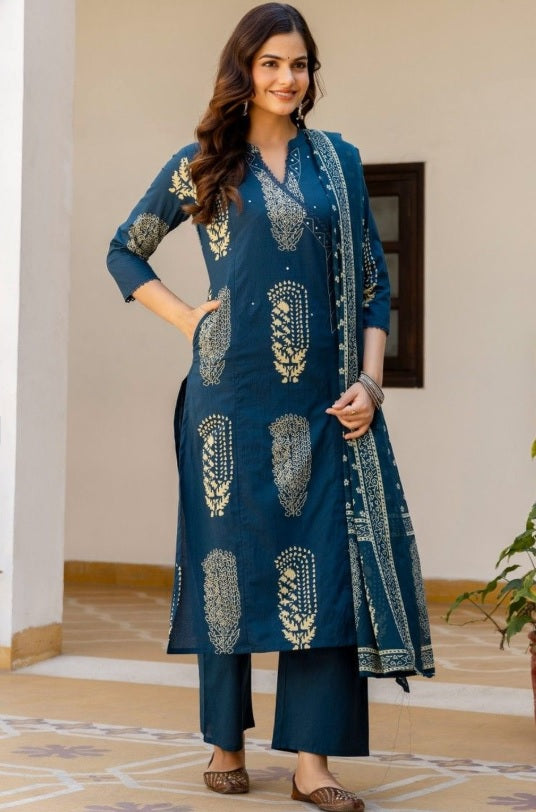 Anouk Blue Floral Printed Cotton Kurta Set with Mirror Work & Dupatta