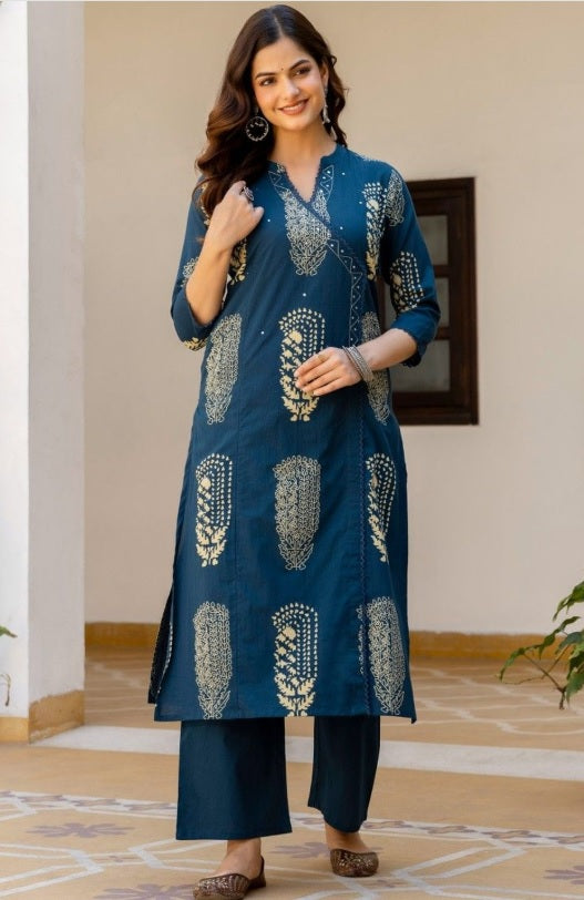 Anouk Blue Floral Printed Cotton Kurta Set with Mirror Work & Dupatta