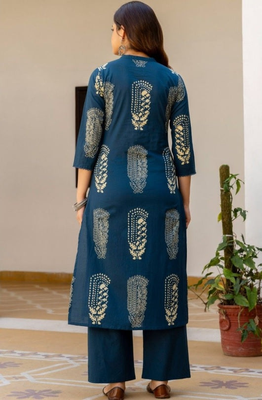 Anouk Blue Floral Printed Cotton Kurta Set with Mirror Work & Dupatta