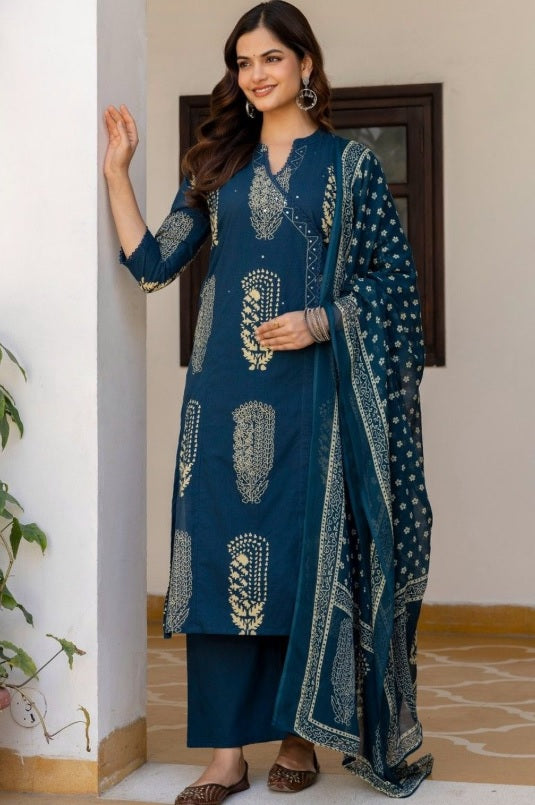 Anouk Blue Floral Printed Cotton Kurta Set with Mirror Work & Dupatta