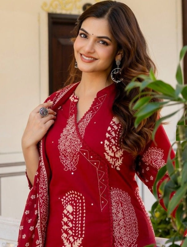 Anouk Maroon Floral Printed Cotton Kurta Set with Mirror Work & Dupatta