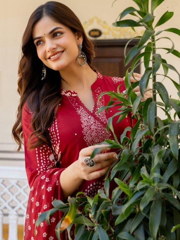 Anouk Maroon Floral Printed Cotton Kurta Set with Mirror Work & Dupatta
