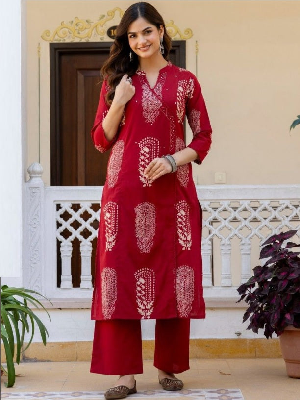 Anouk Maroon Floral Printed Cotton Kurta Set with Mirror Work & Dupatta