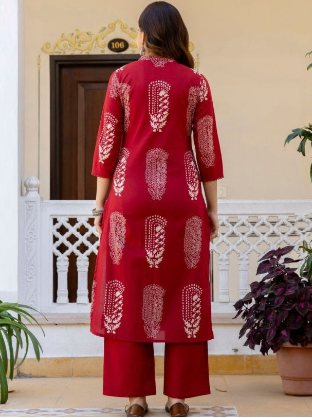 Anouk Maroon Floral Printed Cotton Kurta Set with Mirror Work & Dupatta