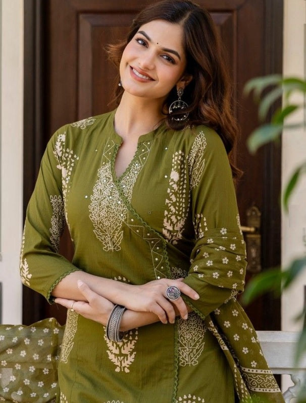 Anouk Olive Green Floral Printed Cotton Kurta Set with Mirror Work & Dupatta