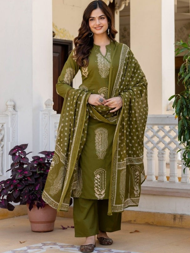Anouk Olive Green Floral Printed Cotton Kurta Set with Mirror Work & Dupatta