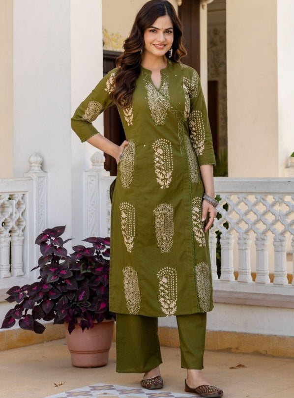 Anouk Olive Green Floral Printed Cotton Kurta Set with Mirror Work & Dupatta