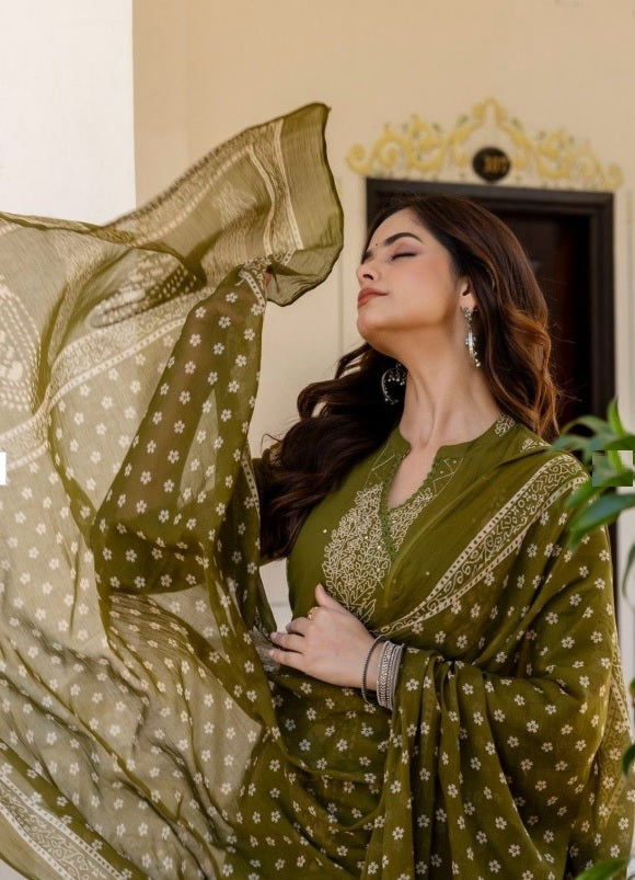 Anouk Olive Green Floral Printed Cotton Kurta Set with Mirror Work & Dupatta