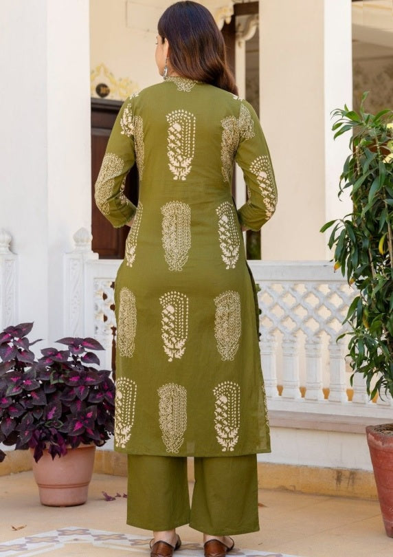 Anouk Olive Green Floral Printed Cotton Kurta Set with Mirror Work & Dupatta