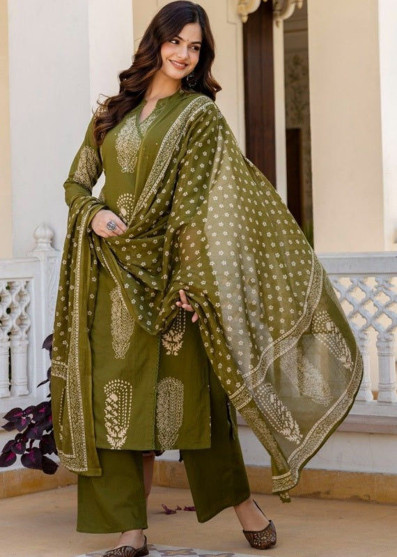 Anouk Olive Green Floral Printed Cotton Kurta Set with Mirror Work & Dupatta