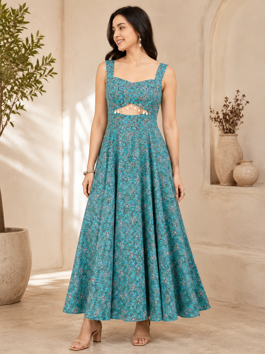 Aqua Blue Floral Embellished Fit & Flare Maxi Dress for Women