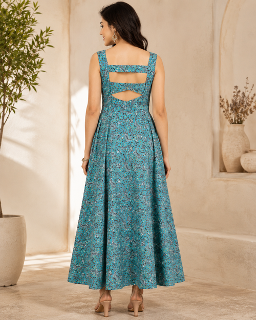 Aqua Blue Floral Embellished Fit & Flare Maxi Dress for Women