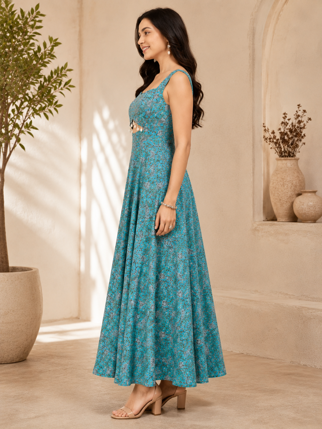 Aqua Blue Floral Embellished Fit & Flare Maxi Dress for Women