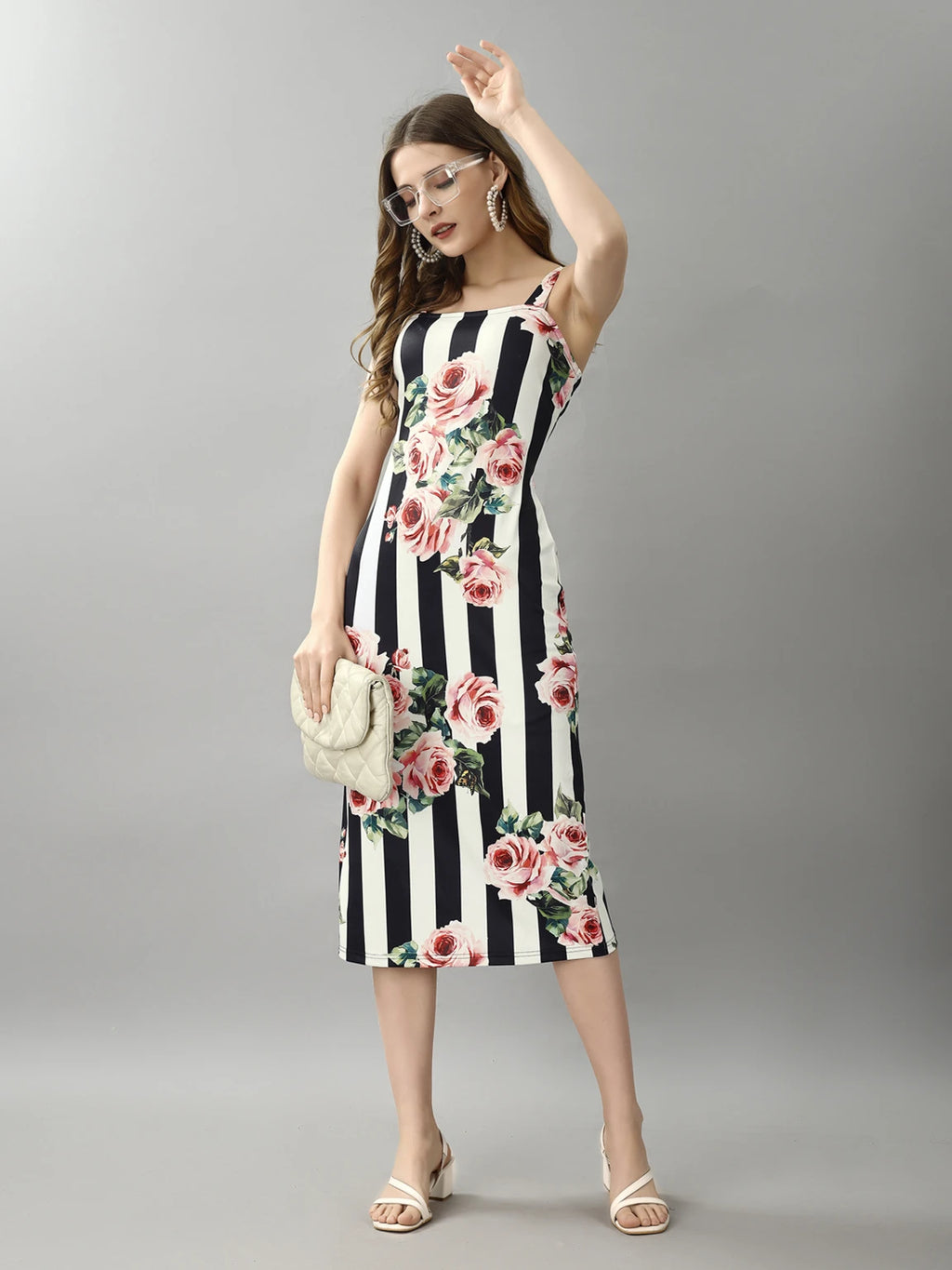 Attire Empire Stripe & Rose Bodycon Dress – Square Neck Floral Midi Dress