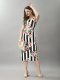 Attire Empire Stripe & Rose Bodycon Dress – Square Neck Floral Midi Dress