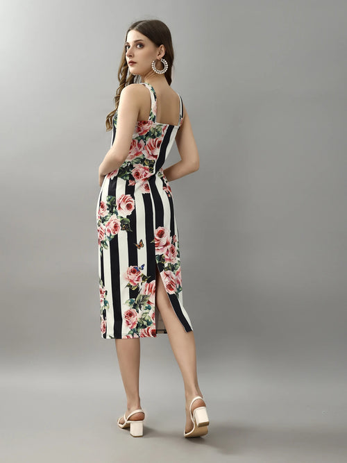 Attire Empire Stripe & Rose Bodycon Dress – Square Neck Floral Midi Dress