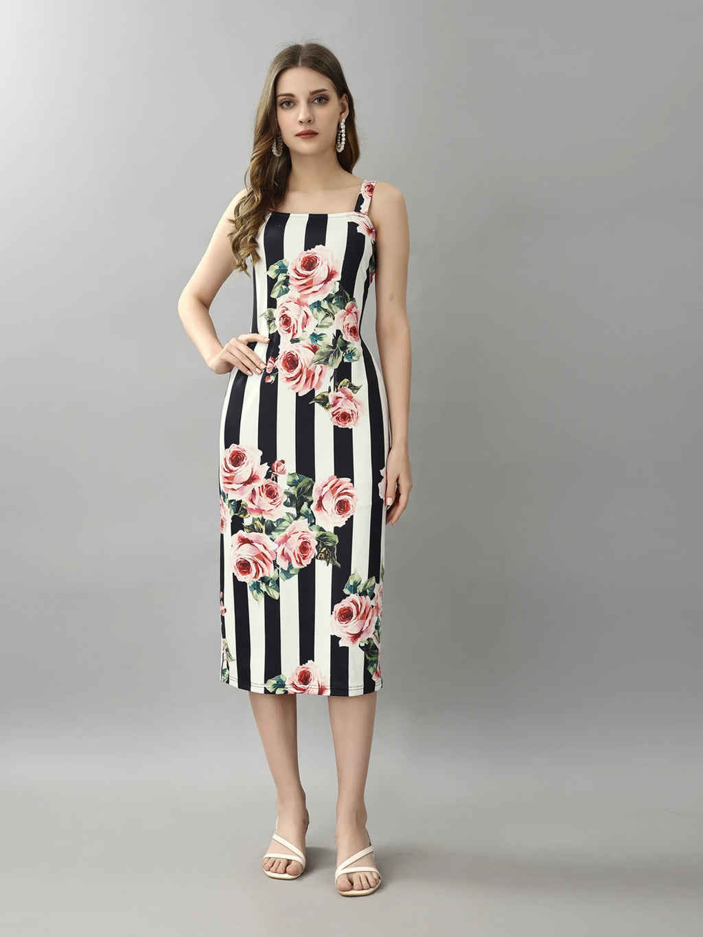 Attire Empire Stripe & Rose Bodycon Dress – Square Neck Floral Midi Dress