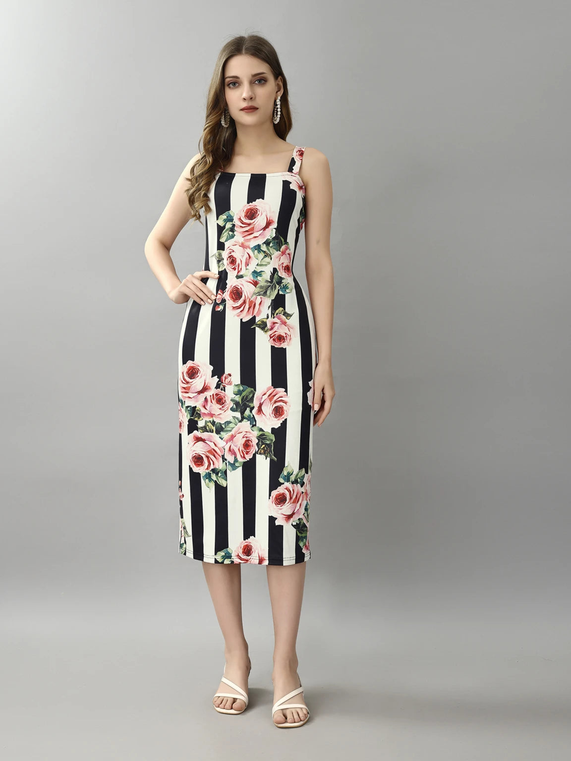 Attire Empire Stripe & Rose Bodycon Dress – Square Neck Floral Midi Dress