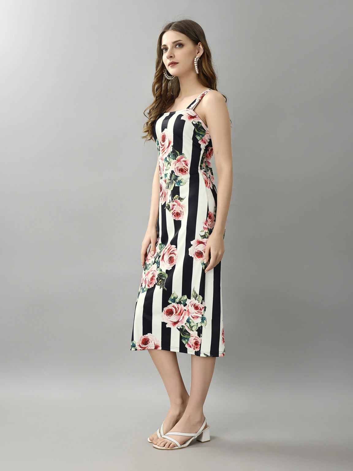 Attire Empire Stripe & Rose Bodycon Dress – Square Neck Floral Midi Dress