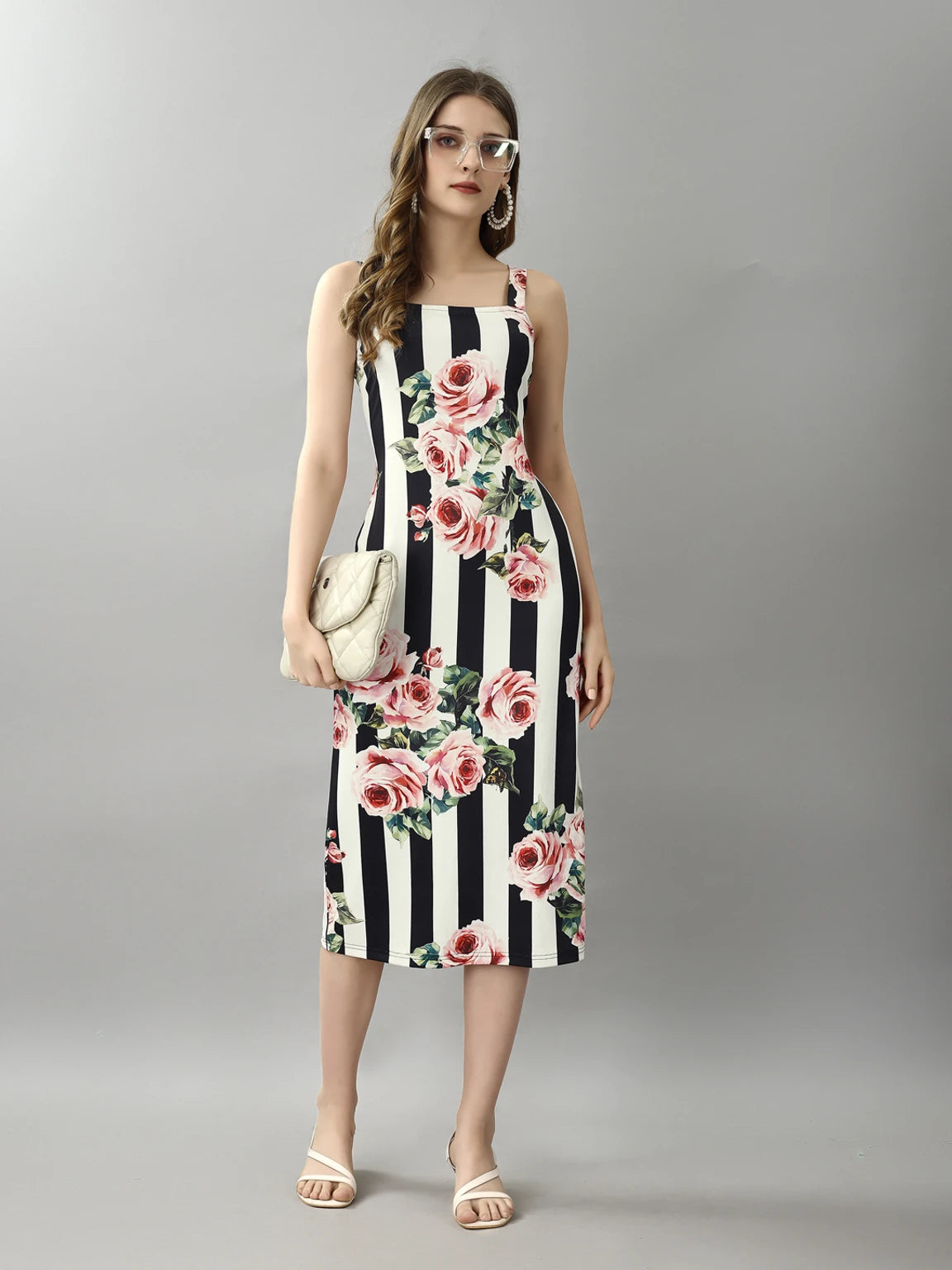Attire Empire Stripe & Rose Bodycon Dress – Square Neck Floral Midi Dress