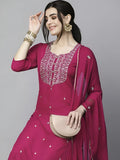 Azreen Magenta (Deep Pink) Straight Kurti Set – Zari Neckline Ornamentation & Mirror Work Details