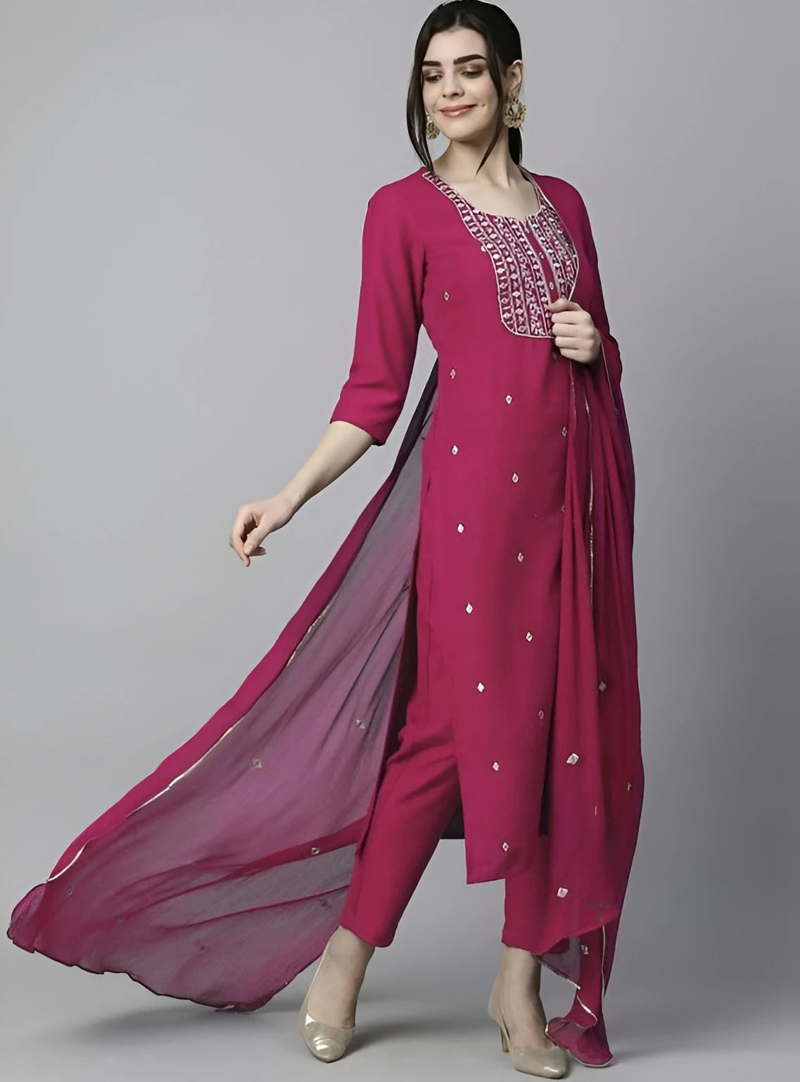 Azreen Magenta (Deep Pink) Straight Kurti Set – Zari Neckline Ornamentation & Mirror Work Details