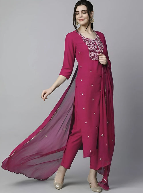 Azreen Magenta (Deep Pink) Straight Kurti Set – Zari Neckline Ornamentation & Mirror Work Details