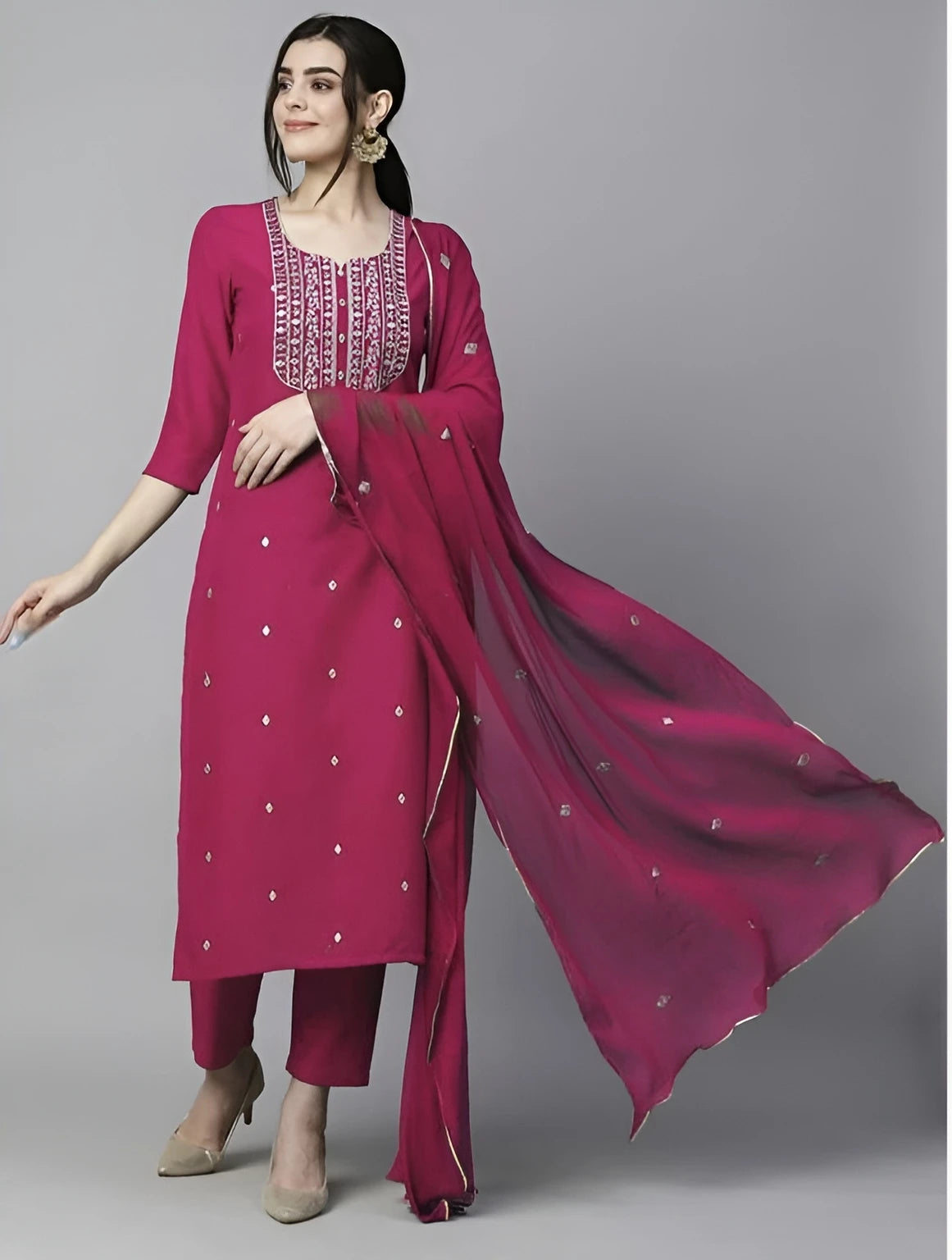 Azreen Magenta (Deep Pink) Straight Kurti Set – Zari Neckline Ornamentation & Mirror Work Details