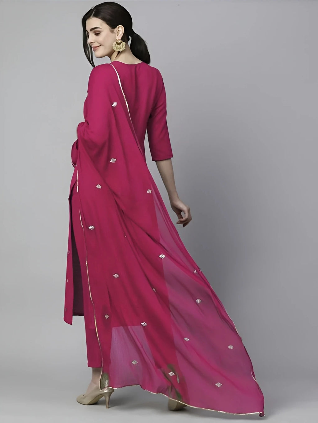 Azreen Magenta (Deep Pink) Straight Kurti Set – Zari Neckline Ornamentation & Mirror Work Details