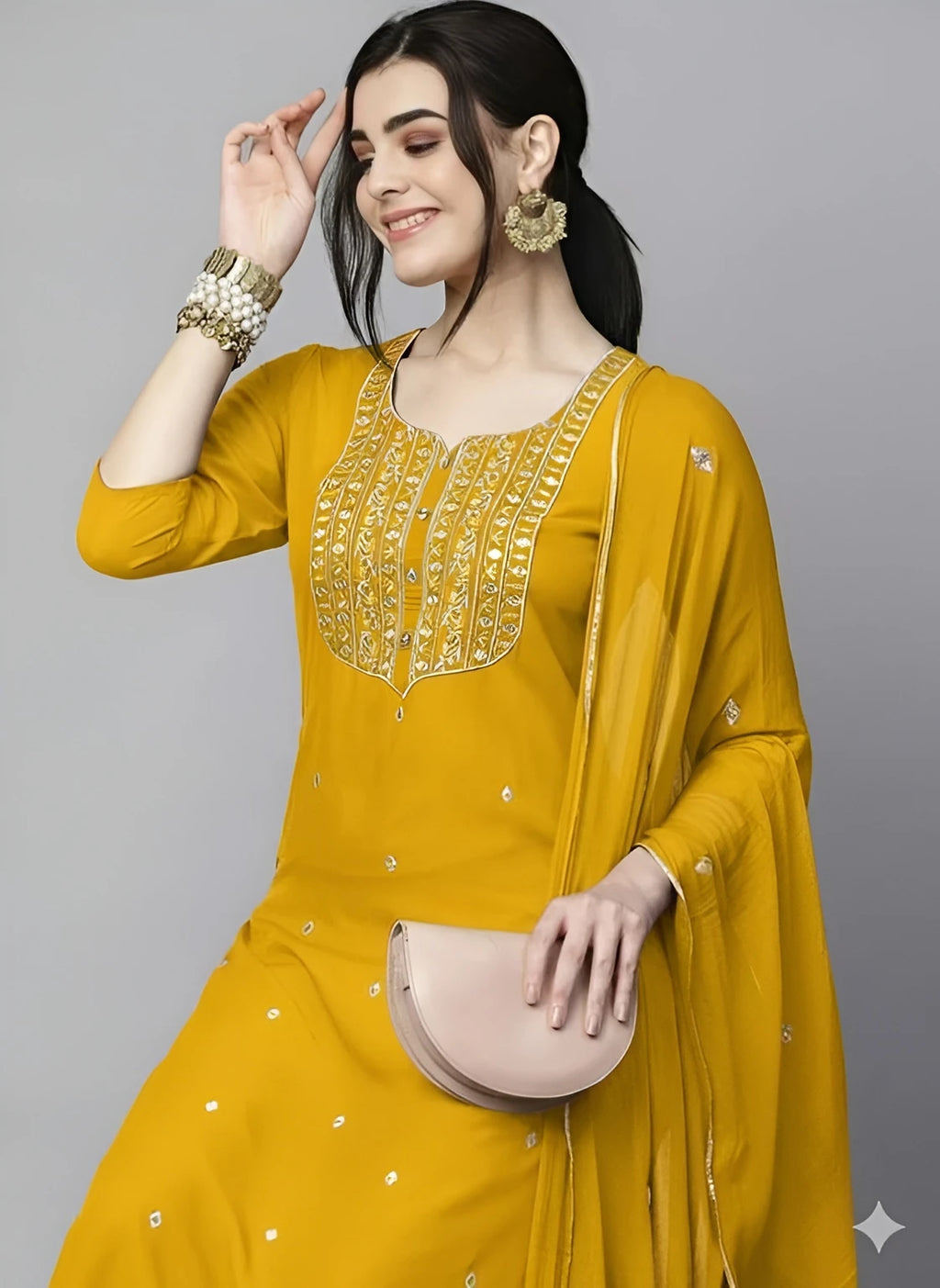 Azreen Mustard Yellow Straight Kurti Set – Zari Neckline Ornamentation & Mirror Work Details