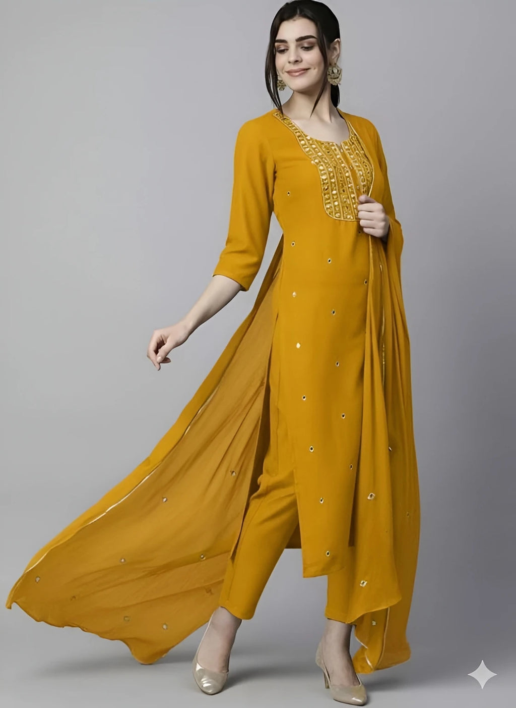 Azreen Mustard Yellow Straight Kurti Set – Zari Neckline Ornamentation & Mirror Work Details