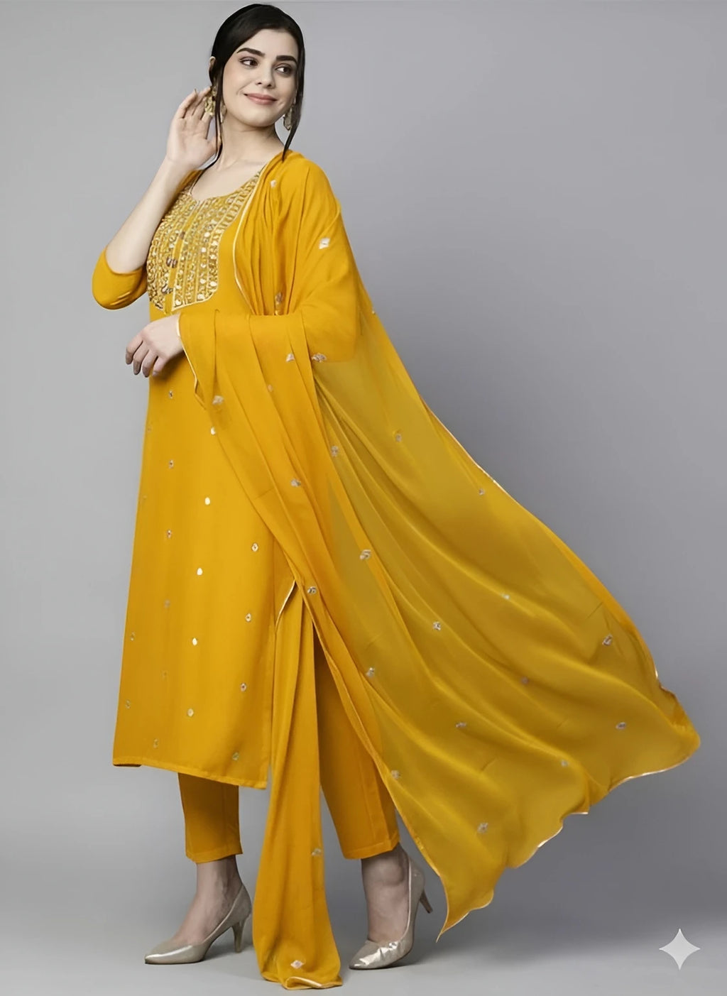 Azreen Mustard Yellow Straight Kurti Set – Zari Neckline Ornamentation & Mirror Work Details