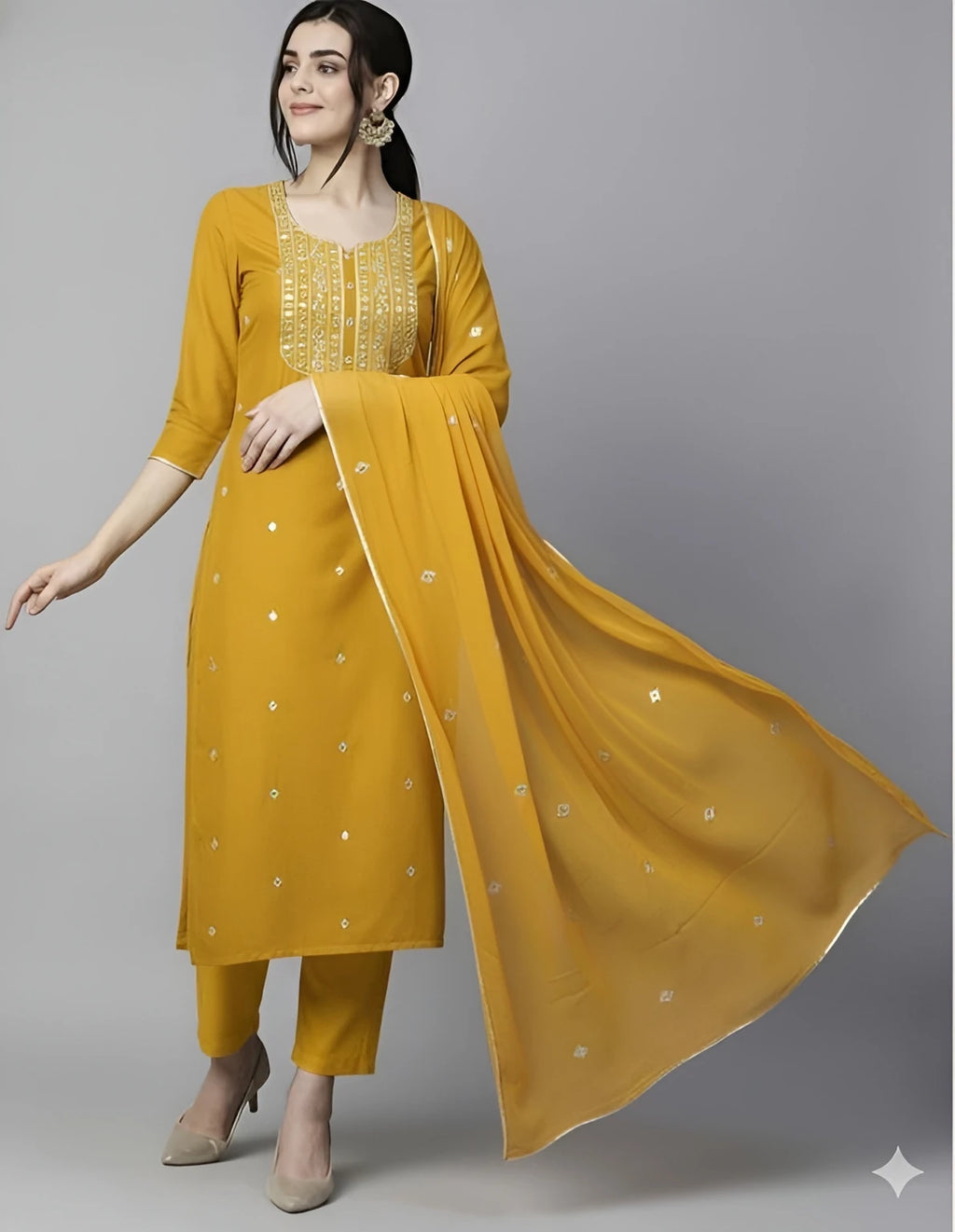 Azreen Mustard Yellow Straight Kurti Set – Zari Neckline Ornamentation & Mirror Work Details