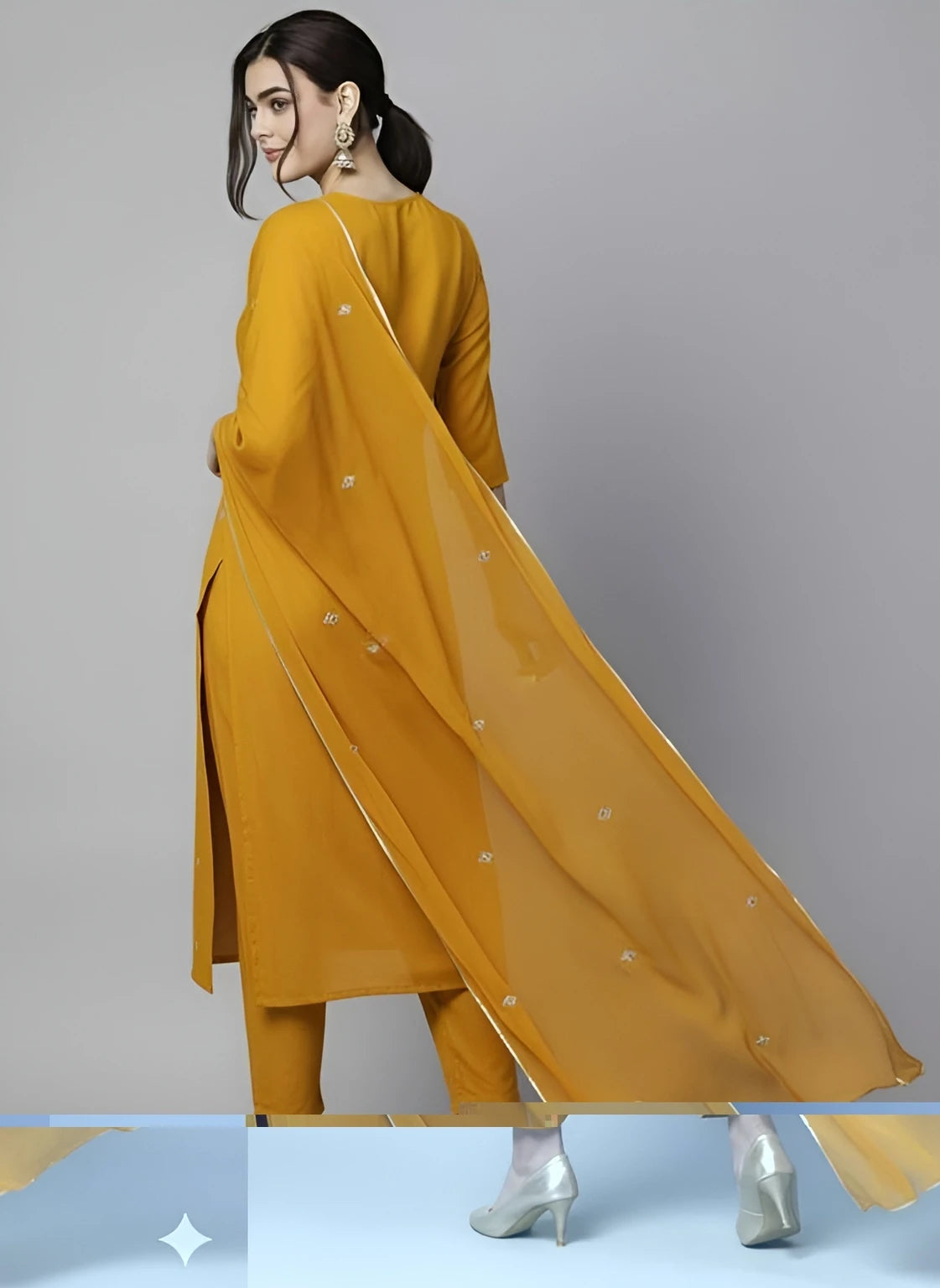 Azreen Mustard Yellow Straight Kurti Set – Zari Neckline Ornamentation & Mirror Work Details