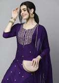 Azreen Violet (Deep Purple) Straight Kurti Set – Zari Neckline Ornamentation & Mirror Work Details
