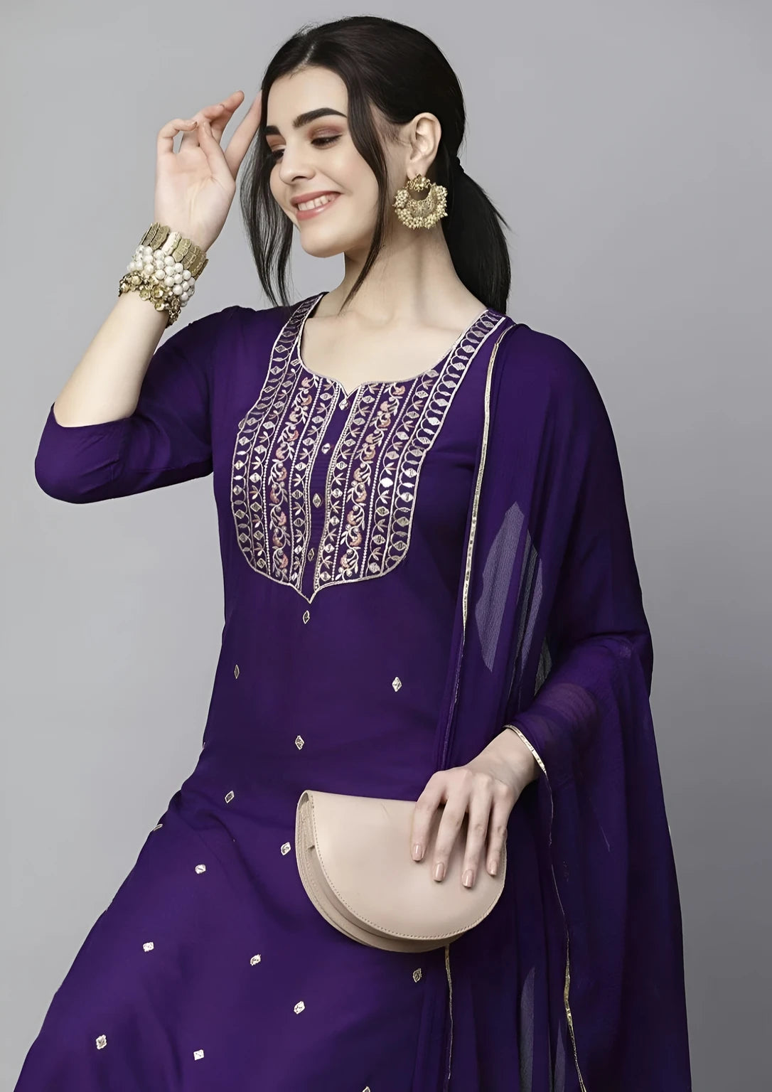 Azreen Violet (Deep Purple) Straight Kurti Set – Zari Neckline Ornamentation & Mirror Work Details