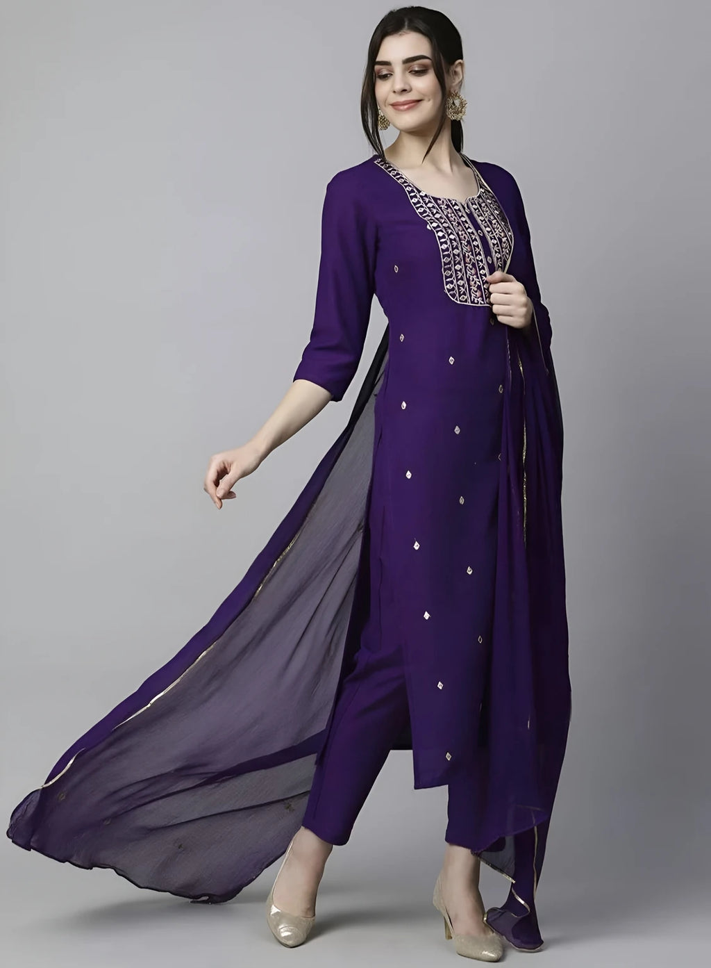 Azreen Violet (Deep Purple) Straight Kurti Set – Zari Neckline Ornamentation & Mirror Work Details