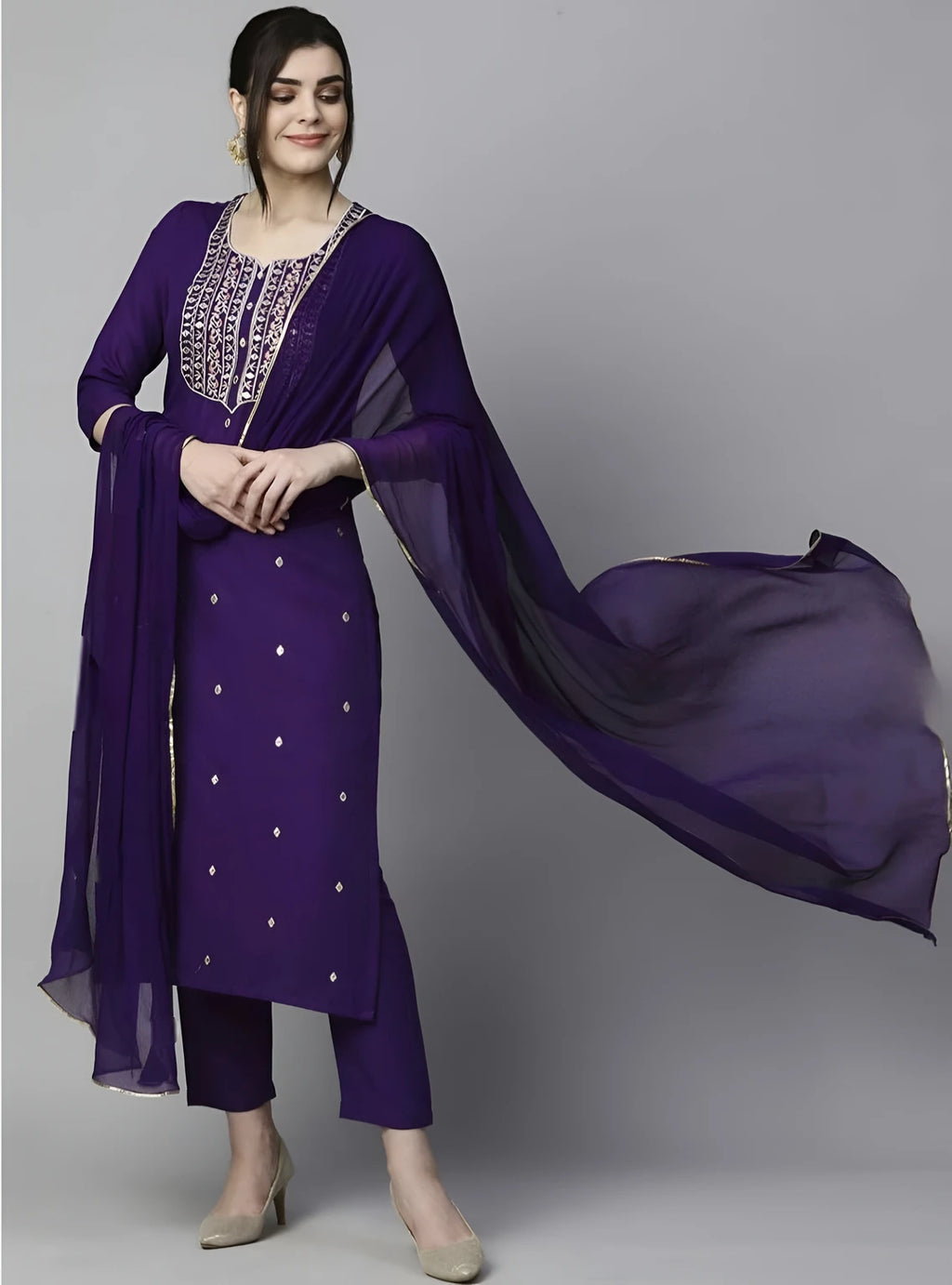 Azreen Violet (Deep Purple) Straight Kurti Set – Zari Neckline Ornamentation & Mirror Work Details