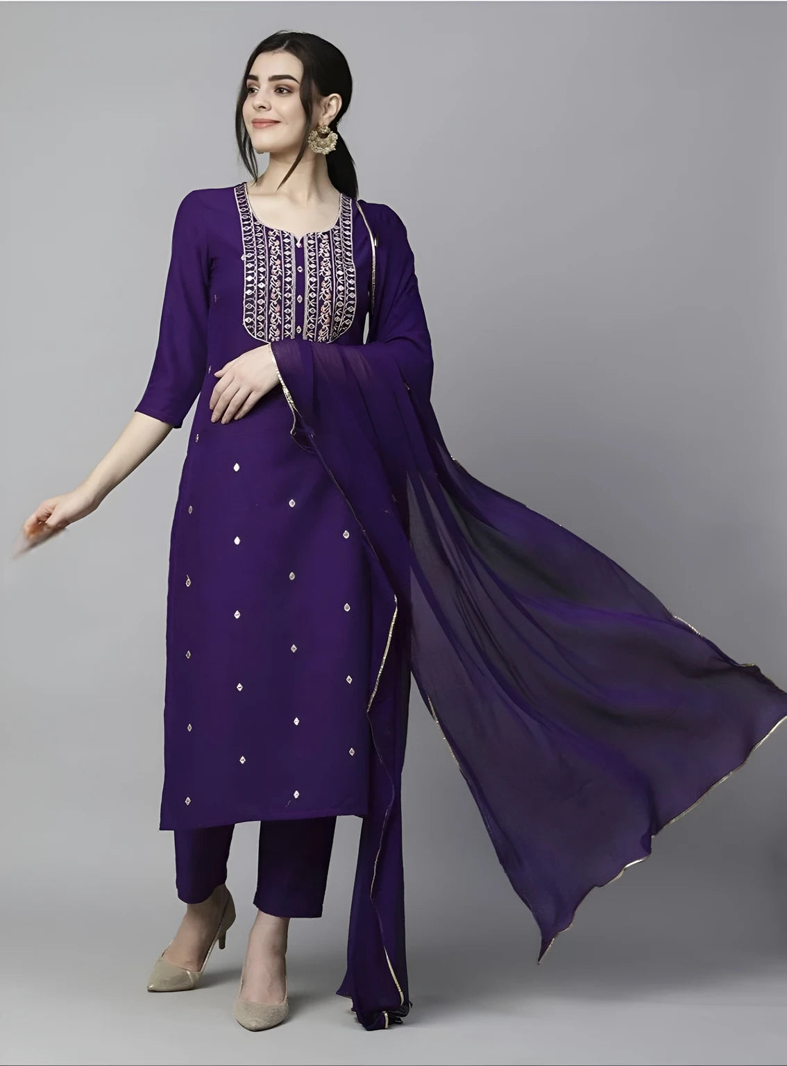 Azreen Violet (Deep Purple) Straight Kurti Set – Zari Neckline Ornamentation & Mirror Work Details