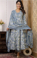 Blue Floral Cotton Anarkali Suit Set with Silk Chiffon Dupatta