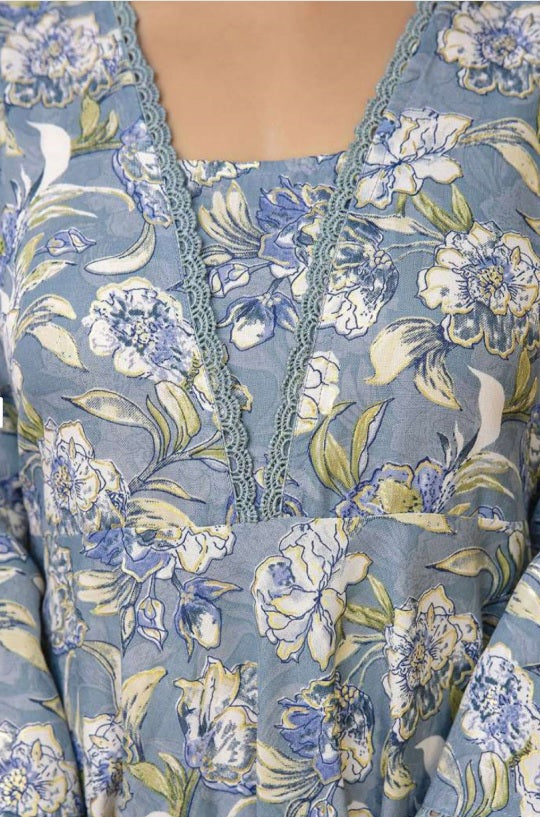 Blue Floral Cotton Anarkali Suit Set with Silk Chiffon Dupatta