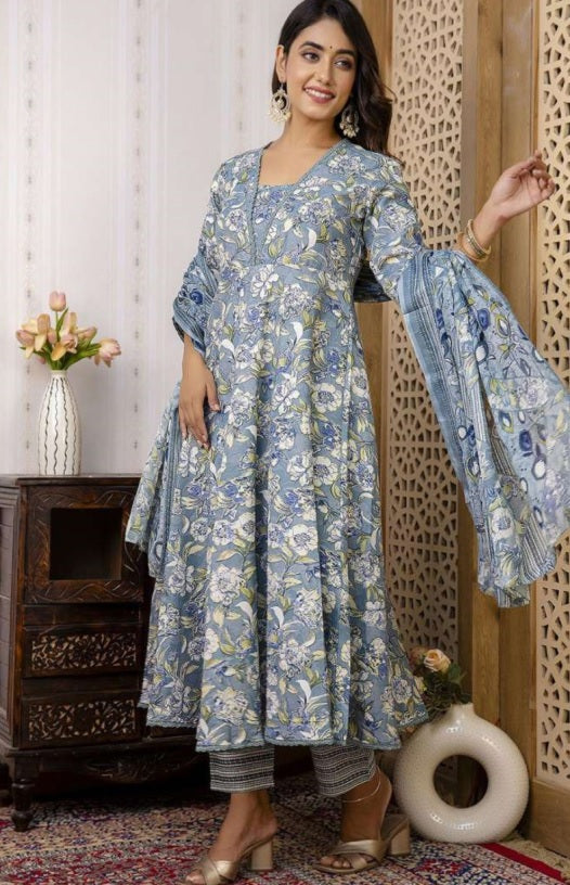 Blue Floral Cotton Anarkali Suit Set with Silk Chiffon Dupatta