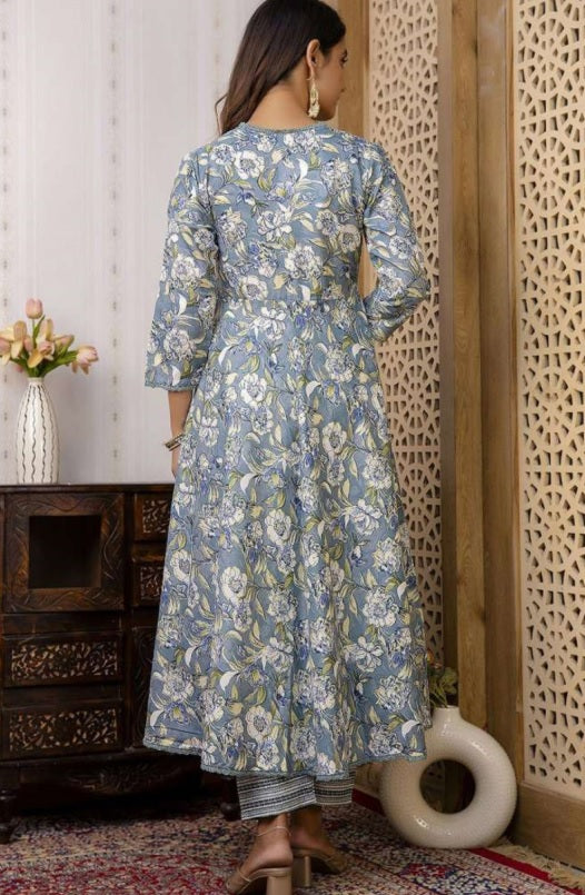 Blue Floral Cotton Anarkali Suit Set with Silk Chiffon Dupatta