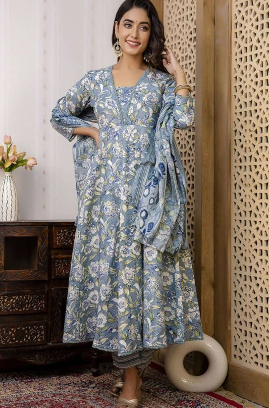 Blue Floral Cotton Anarkali Suit Set with Silk Chiffon Dupatta